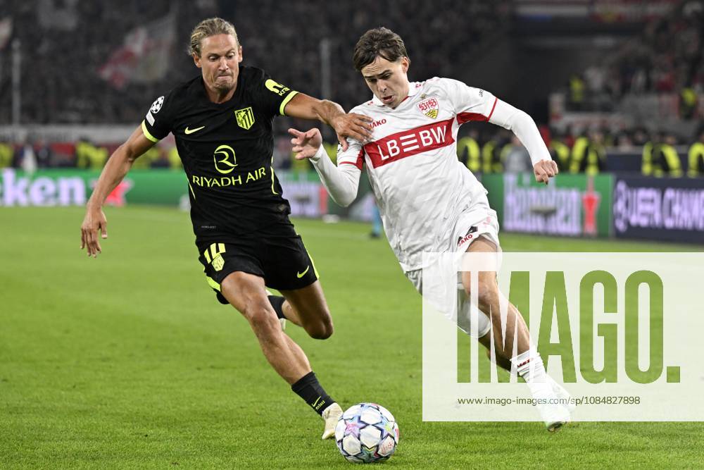 STUTTGART - (lr) Marcos Llorente of Atletico Madrid, Leo Sauer of VFB Stuttgart during the UEFA Champions League match between VFB Stuttgart and Atletico Madrid at Stadion MHP Arena on 20 October 2026 in Stuttgart, Germany. ANP UEFA Champions League 2026 27 ANPxSportx xGerritxvanxKeulenxIVx 573110765 originalFilename: 573110765