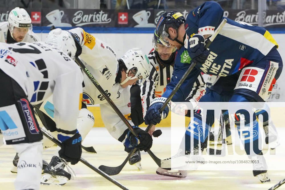 QUINTO, SWITZERLAND, OCTOBER 20, 2026: Dorthe of Fribourg (L) faces off against Nathan Schnarr of Ambri (R) during the game between HC Ambri Piotta and Fribourg Gottéron at the Gottardo Arena on October 20, 2026, in Quinto, Switzerland (Quinto, Ticino, Switzerland)