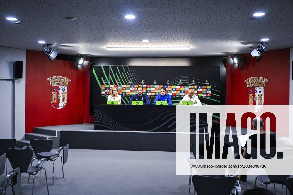 Tahnee Leece, communications manager of KAA Gent, Rik De Mil, head coach of KAA Gent and Tiago Araujo of KAA Gent pictured during a press conference, PK, Pressekonferenz of Belgian soccer team KAA Gent, Wednesday 21 October 2026 in Braga, Portugal. The team is preparing for the second match of the UEFA Conference League league phase against Portuguese SC Braga tomorrow. TOM GOYVAERTS TomxGoyvaerts x190514432x