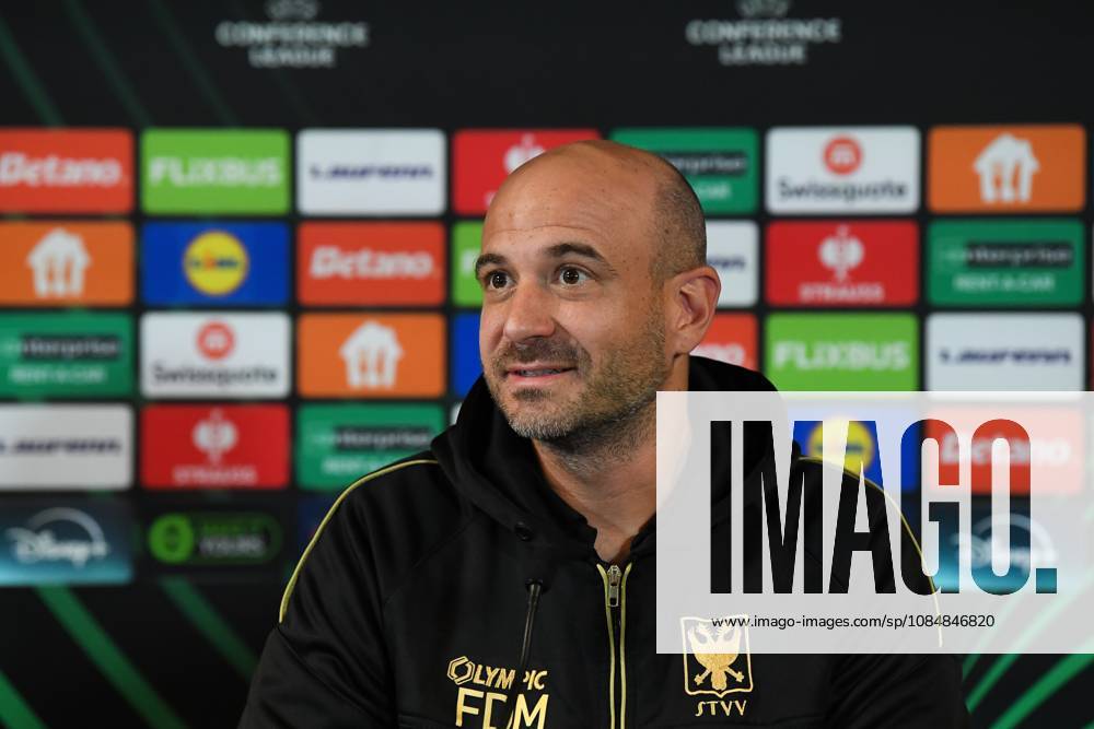 STVV s head coach Frederic De Meyer pictured during a press conference, PK, Pressekonferenz of Belgian soccer team Sint-Truidense VV, Wednesday 21 October 2026 in Herning, Denmark, in preparation of tomorrow s game against Danish FC Midtjylland on the second day of the UEFA Conference League league phase. JILLxDELSAUX x190514583x