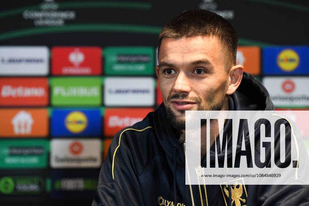 STVV s Visar Musliu pictured during a press conference, PK, Pressekonferenz of Belgian soccer team Sint-Truidense VV, Wednesday 21 October 2026 in Herning, Denmark, in preparation of tomorrow s game against Danish FC Midtjylland on the second day of the UEFA Conference League league phase. JILLxDELSAUX x190514670x