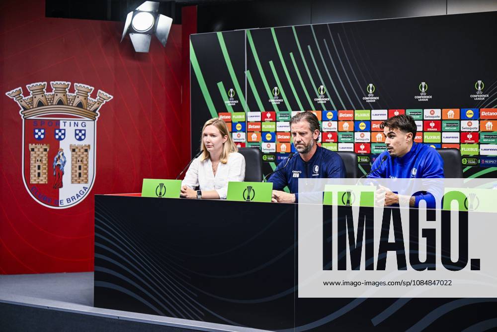 Tahnee Leece, communications manager of KAA Gent, Rik De Mil, head coach of KAA Gent and Tiago Araujo of KAA Gent pictured during a press conference, PK, Pressekonferenz of Belgian soccer team KAA Gent, Wednesday 21 October 2026 in Braga, Portugal. The team is preparing for the second match of the UEFA Conference League league phase against Portuguese SC Braga tomorrow. TOM GOYVAERTS TomxGoyvaerts x190514949x
