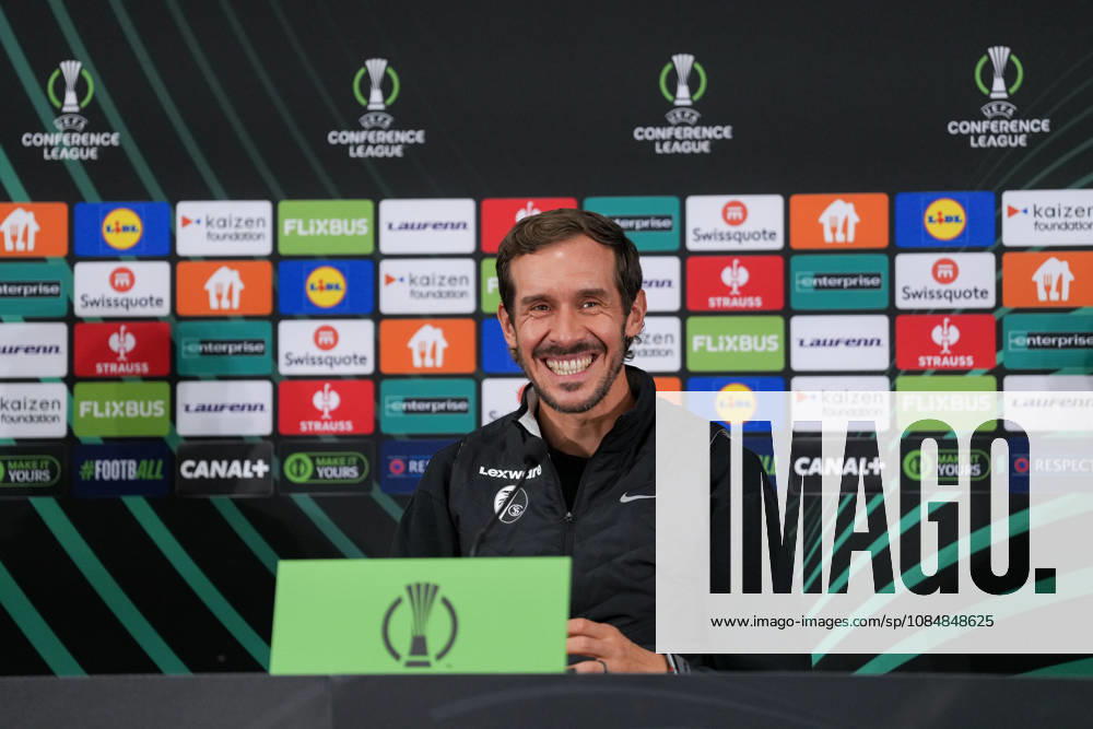Julian Schuster, SC Freiburg, coach at the press conference, Monaco, soccer, UEFA Conference League, Matchday 2, group stage, 2026–2027, AS Monaco vs. SC Freiburg, October 21, 2026, Stade Louis II, Monaco, Monaco, Stade Louis II, Fontvieille, Monaco