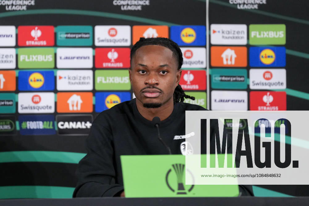Jordy Makengo, SC Freiburg, 33, at the press conference, Monaco, soccer, UEFA Conference League, Matchday 2, group stage, 2026–2027, AS Monaco vs. SC Freiburg, October 21, 2026, Stade Louis II, Monaco, Monaco, Stade Louis II, Fontvieille, Monaco