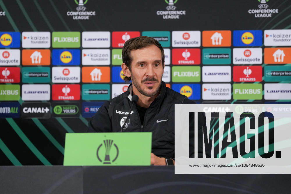 Julian Schuster, SC Freiburg, coach at the press conference, Monaco, soccer, UEFA Conference League, Matchday 2, group stage, 2026–2027, AS Monaco vs. SC Freiburg, October 21, 2026, Stade Louis II, Monaco, Monaco, Stade Louis II, Fontvieille, Monaco