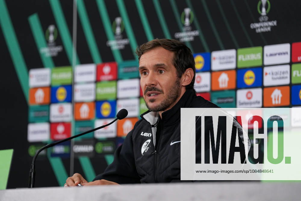 Julian Schuster, SC Freiburg, coach at the press conference, Monaco, soccer, UEFA Conference League, Matchday 2, group stage, 2026–2027, AS Monaco vs. SC Freiburg, October 21, 2026, Stade Louis II, Monaco, Monaco, Stade Louis II, Fontvieille, Monaco