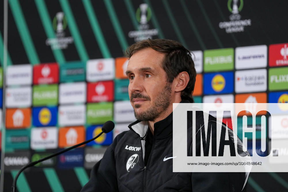 Julian Schuster, SC Freiburg, coach at the press conference, Monaco, soccer, UEFA Conference League, Matchday 2, group stage, 2026–2027, AS Monaco vs. SC Freiburg, October 21, 2026, Stade Louis II, Monaco, Monaco, Stade Louis II, Fontvieille, Monaco