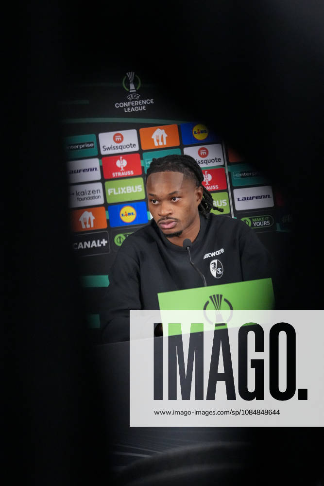 Jordy Makengo, SC Freiburg, 33, at the press conference, Monaco, soccer, UEFA Conference League, Matchday 2, group stage, 2026–2027, AS Monaco vs. SC Freiburg, October 21, 2026, Stade Louis II, Monaco, Monaco, Stade Louis II, Fontvieille, Monaco