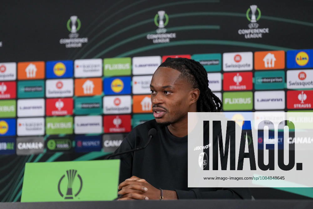 Jordy Makengo, SC Freiburg, 33, at the press conference, Monaco, soccer, UEFA Conference League, Matchday 2, group stage, 2026–2027, AS Monaco vs. SC Freiburg, October 21, 2026, Stade Louis II, Monaco, Monaco, Stade Louis II, Fontvieille, Monaco