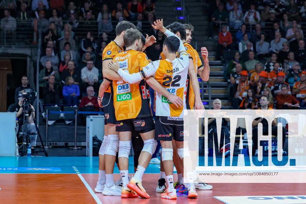 BR Volleys vs. FT 1844 Freiburg, Volleyball Bundesliga (BBL) Matchday 1, Max Schmeling Halle—Joy and celebration after scoring a point for the BR Volleys Berlin, Berlin, Germany