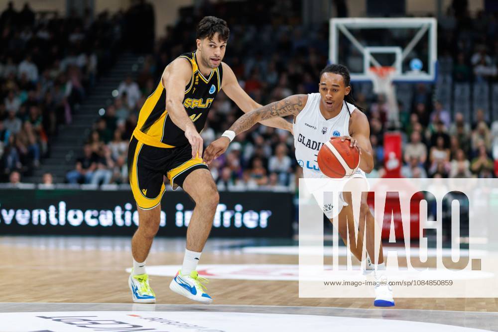Terrell Harris of the Gladiators Trier goes head-to-head with Benedict Turudic of KK Croatia Split; Action: Vet Concept Gladiators Trier vs. KK Split, Basketball, FIBA Europe Cup, Matchday 3, 2026–2027 Season, October 21, 2026, Vet Concept Gladiators Trier vs. KK Split, Basketball, FIBA Europe Cup, Matchday 3, 2026–2027 Season