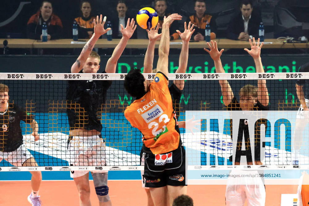 Germany, GER, DEU, Volleyball 1st Bundesliga, Day 1, 2026–2027 Season, Berlin, BR Volleys vs. FT Freiburg Nolan Flexen BR Volleys 23, Bredan Mills FT 1844 Freiburg 5, Charles Figy FT 1844 Freiburg 14, Anton Jung FT 1844 Freiburg 8 nordphoto GmbH Engler Berlin Max Schmeling Hall Berlin Germany