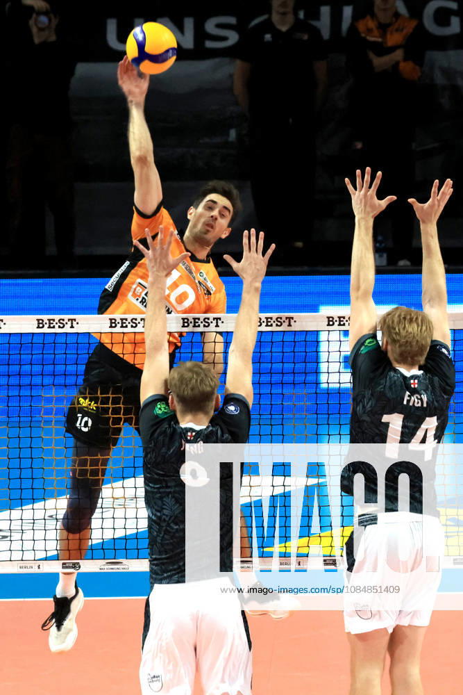 Germany, GER, DEU, Volleyball 1st Bundesliga, Day 1, 2026–2027 Season, Berlin, BR Volleys vs. FT Freiburg; Daniel Malescha (BR Volleys) 10, Anton Jung (FT 1844 Freiburg) 8, Charles Figy (FT 1844 Freiburg) 14; nordphoto GmbH; Engler Berlin; Max Schmeling Halle, Berlin, Germany