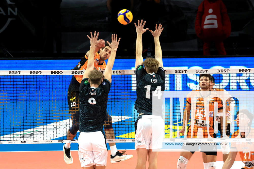 Germany, GER, DEU, Volleyball 1st Bundesliga, Day 1, 2026–2027 Season, Berlin, BR Volleys vs. FT Freiburg; Daniel Malescha (BR Volleys) 10, Ruben Schott (BR Volleys) 13, Anton Jung (FT 1844 Freiburg) 8, Charles Figy (FT 1844 Freiburg) 14; nordphoto GmbH, Engler Berlin, Max Schmeling Halle, Berlin, Germany