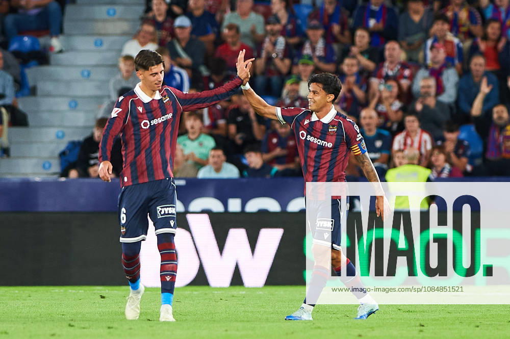 Dani Requena of Levante UD and Roger Brugue of Levante UD during the LaLiga EA Sports match between Levante UD and Athletic Club at Estadi Ciutat de València on October 21, 2026, in Valencia, Spain