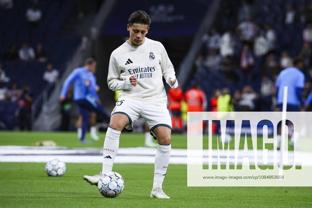 Real Madrid vs. RB Leipzig, UEFA Champions League 2026–27, October 21, 2026, Santiago Bernabéu Stadium, Madrid, Spain Arda Güler of Real Madrid warms up during the UEFA Champions League 2026 27 soccer match between Real Madrid and RB Leipzig at Santiago Bernabéu Stadium on October 21, 2026, in Madrid, Spain Madrid Santiago Bernabéu Stadium Madrid Spain
