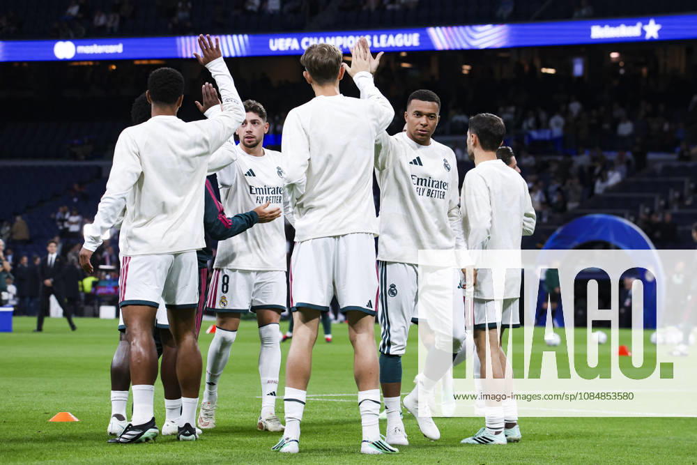 Real Madrid vs. RB Leipzig, UEFA Champions League 2026–27, October 21, 2026, Santiago Bernabéu Stadium, Madrid, Spain Kylian Mbappé and Dean Huijsen of Real Madrid warm up during the UEFA Champions League 2026-27 soccer match between Real Madrid and RB Leipzig at Santiago Bernabéu Stadium on October 21, 2026, in Madrid, Spain Madrid Santiago Bernabéu Stadium Madrid Spain