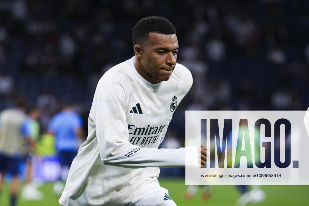 Real Madrid vs. RB Leipzig, UEFA Champions League 2026–27, October 21, 2026, Santiago Bernabéu Stadium, Madrid, Spain Kylian Mbappé of Real Madrid smiles during warm-ups for the UEFA Champions League 2026-27 soccer match between Real Madrid and RB Leipzig at Santiago Bernabéu Stadium on October 21, 2026, in Madrid, Spain Madrid Santiago Bernabéu Stadium Madrid Spain