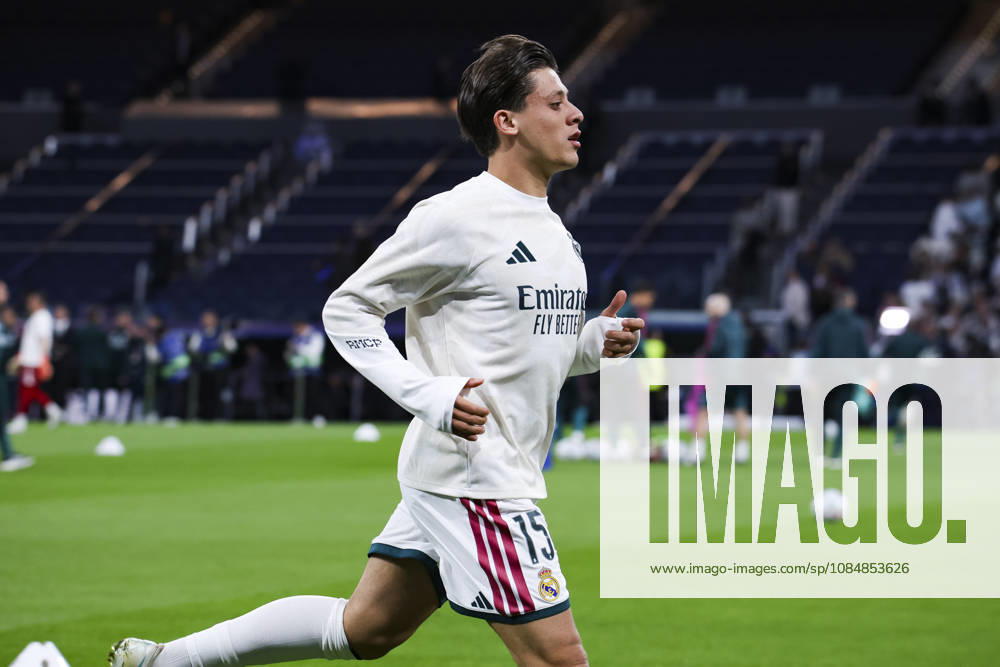 Real Madrid vs. RB Leipzig, UEFA Champions League 2026–27, October 21, 2026, Santiago Bernabéu Stadium, Madrid, Spain Arda Güler of Real Madrid warms up during the UEFA Champions League 2026 27 soccer match between Real Madrid and RB Leipzig at Santiago Bernabéu Stadium on October 21, 2026, in Madrid, Spain Madrid Santiago Bernabéu Stadium Madrid Spain