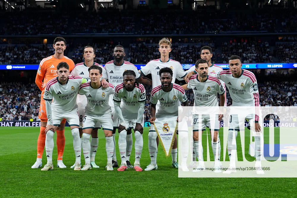 Men s, Soccer, UEFA Champions League, Real Madrid vs. RB Leipzig, 2026–2027 Season, Estadio Santiago Bernabéu—Team photo of Real Madrid s starting lineup. Regulations prohibit any use of photographs as image sequences and or quasi-video.