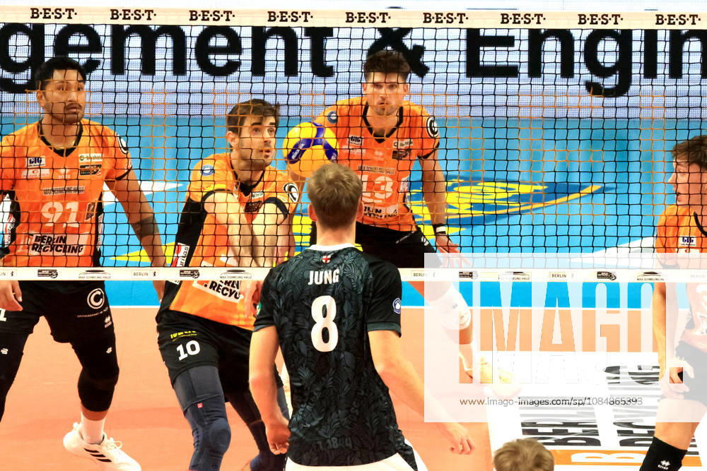 Germany, GER, DEU, Volleyball 1st Bundesliga, Day 1, 2026–2027 Season, Berlin, BR Volleys vs. FT Freiburg Daniel Malescha BR Volleys 10, Joshua Tuaniga BR Volleys 91, Ruben Schott BR Volleys 13, Anton Jung FT 1844 Freiburg 8 nordphoto GmbH Engler Berlin Max Schmeling Hall Berlin Germany