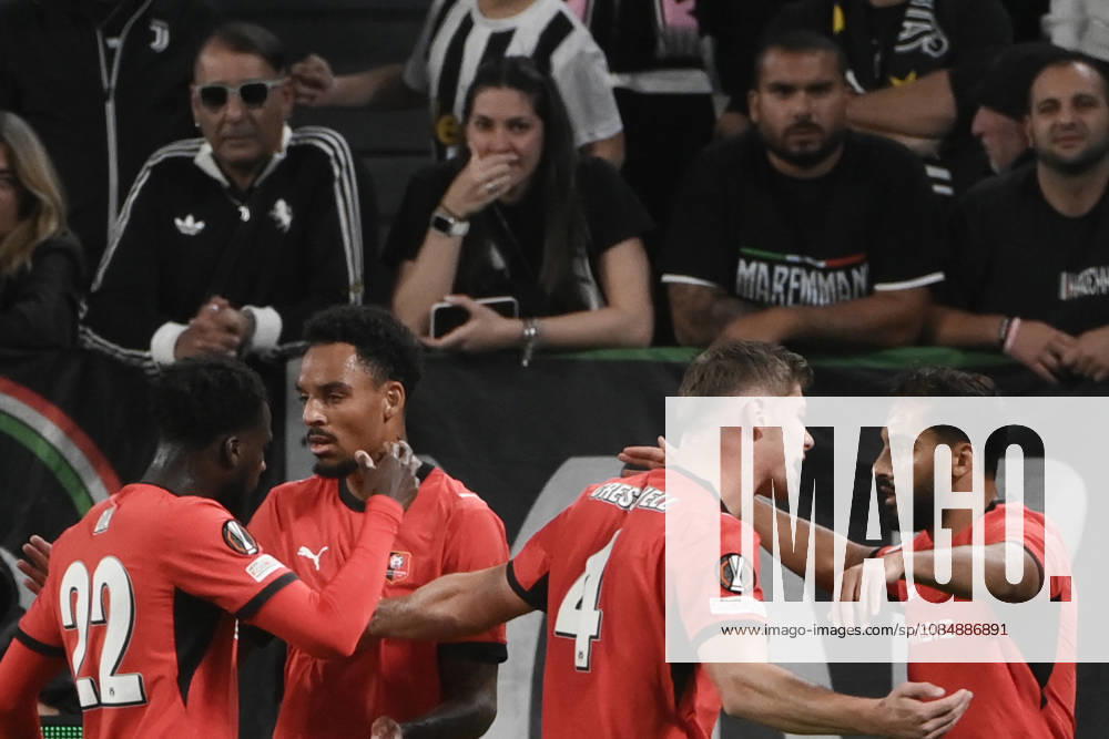 Juventus v Rennes - UEFA Europa League TURIN, ITALY, OCTOBER 22: Mousa Al-Tamari (R) of Rennes celebrates after scoring a goal during the UEFA Europa League week 3 football match between Juventus and Rennes at the Juventus Stadium in Turin Italy, on October 22, 2026. Isabella Bonotto Anadolu Turin Italy. Editorial use only. Please get in touch for any other usage.
