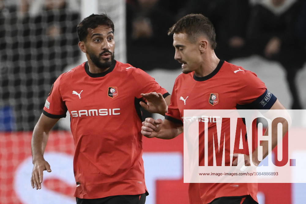 Juventus v Rennes - UEFA Europa League TURIN, ITALY, OCTOBER 22: Mousa Al-Tamari (L) of Rennes celebrates after scoring a goal during the UEFA Europa League week 3 football match between Juventus and Rennes at the Juventus Stadium in Turin Italy, on October 22, 2026. Isabella Bonotto Anadolu Turin Italy. Editorial use only. Please get in touch for any other usage.