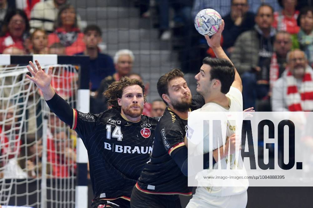 Gergoe Fazekas, Wisla Plock 24, on offense; Johannes Golla, MT Melsungen 14; and Olle Forsell Schefvert, MT Melsungen 25, on defense; GER, MT Melsungen vs. Orlen Wisla Plock (POL), Handball, Men’s Champions League, Group Matches, 2026–2027 Season, October 22, 2026, GER, MT Melsungen vs. Orlen Wisla Plock, Men’s Champions League, Group Match, 2026–2027 Season, October 22, 2026, Kassel