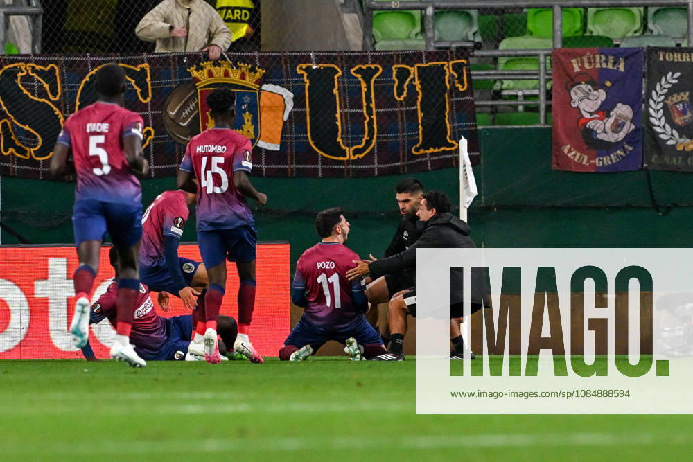 IPA90039367 - Manu Pozo (SCU Torreense) celebrates after scoring a goal during Matchday 3 of the UEFA Europa League between Ferencvaros T.C. and SCU Torreense on October 22, 2026, at Ferencvaros Stadion in Budapest, Hungary