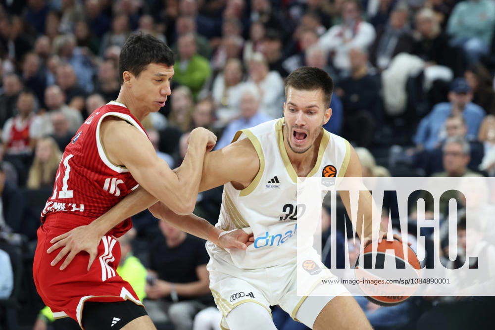 Filip Petrusev, Dubai Basketball, 30, with the ball alongside Vladimir Lucic, FC Bayern Basketball, 11, GER, FC Bayern Basketball vs. Dubai Basketball, Basketball, EuroLeague, Matchday 7, 2026–2027 Season, October 22, 2026, GER, FC Bayern Basketball vs. Dubai Basketball, Basketball, EuroLeague, Matchday 7, 2026–2027 Season, October 22, 2026, Munich
