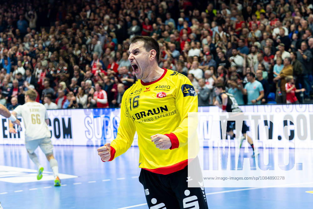 EHF Champions League 2026–2027 Group Stage Group B Match 5 MT Melsungen vs. Orlen Wisla Plock Pictured: Goalkeeper Nebojöa Simic of MT Melsungen celebrates at the Rothenbach Halle in Hesse