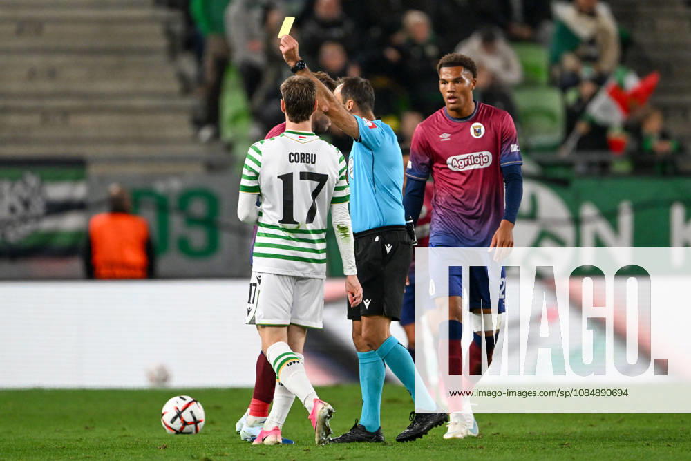 IPA90041860 - Yellow card for Mariusz Corbu (Ferencvarosi TC) during the UEFA Europa League, Matchday 3, between Ferencvaros T.C. and SCU Torreense on October 22, 2026, at Ferencvaros Stadion in Budapest, Hungary