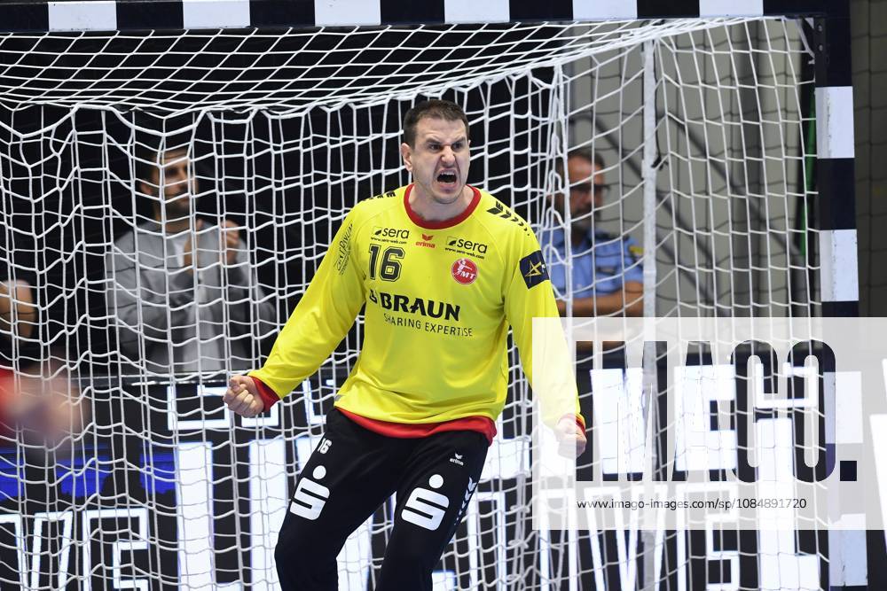 Celebration by Nebojsa Simic, goalkeeper for MT Melsungen 16, GER, MT Melsungen vs. Orlen Wisla Plock, POL, Handball, Men s Champions League, Group Matches, 2026–2027 Season, October 22, 2026, GER, MT Melsungen Orlen Wisla Plock, Men’s Champions League, Group Match, 2026–2027 Season, October 22, 2026, Kassel