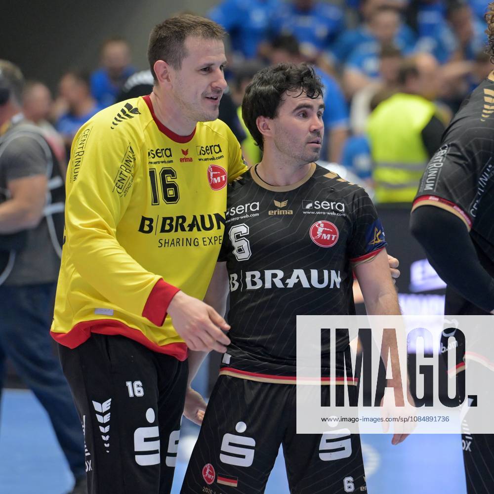 Celebration after the victory: Nebojsa Simic, goalkeeper for MT Melsungen (16 goals), and Adrian Sipos, MT Melsungen (8 goals), GER; MT Melsungen vs. Orlen Wisla Plock, POL; Handball, Men s Champions League, Group Matches, 2026–2027 Season, October 22, 2026, GER, MT Melsungen vs. Orlen Wisla Plock, Men’s Champions League, Group Match, 2026–2027 Season, October 22, 2026, Kassel