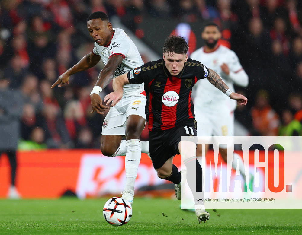 Bournemouth, England, 22nd October 2026. Pervis Estupinan of AC Milan tackles Ben Gannon-Doak of Bournemouth during the AFC Bournemouth vs AC Milan UEFA Europa League match at the Vitality Stadium, Bournemouth. Picture credit should read: Paul Terry Sportimage . SPI_024_PT_Bournmouthmouth_AC_Milan SPI-5092-0024