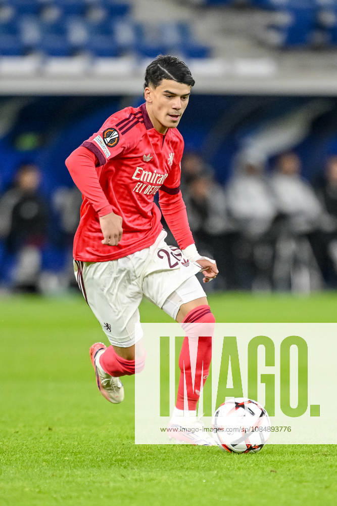 Kail Boudache of Olympique Lyon controls the ball during the 2026–27 UEFA Europa League group stage match between TSG 1899 Hoffenheim and Olympique Lyonnais at the Rhein-Neckar Arena on October 22, 2026, in Sinsheim, Germany. Photo by Harry Langer, DeFodi Images