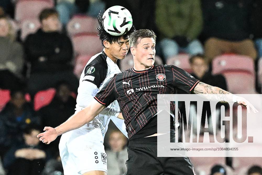 STVV s Kota Takai and Midtjylland s Mileta Rajovic pictured in action during a soccer game between Danish FC Midtjylland and Belgian Sint-Truidense VV, Thursday 22 October 2026 in Herning, Denmark, on the second day of the UEFA Conference League league phase. JILLxDELSAUX x190690453x