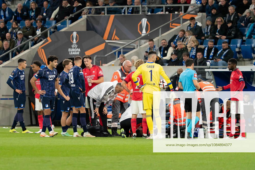 Steeve Kango of Olympique Lyon, 37, receives medical attention from paramedics for several minutes and is substituted, GER, TSG 1899 Hoffenheim vs. Olympique Lyon, Soccer, Europa League, Matchday 3, 2026–2027 season, October 22, 2026, GER, TSG 1899 Hoffenheim vs. Olympique Lyon, Soccer, Europa League, Matchday 3, 2026–2027 season, October 22, 2026, Sinsheim