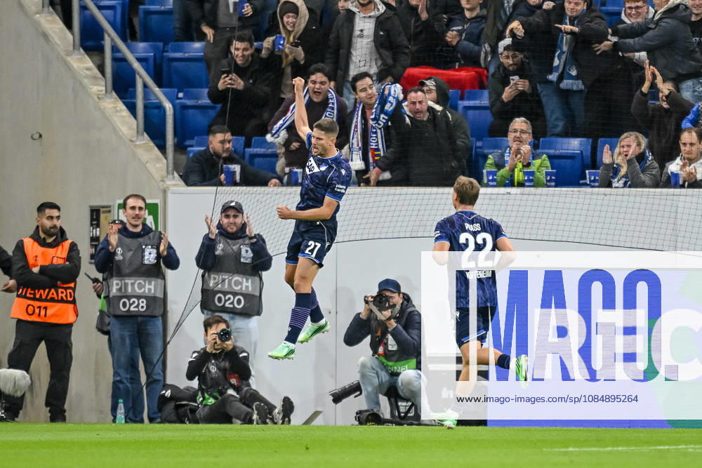 Andrej Kramaric of TSG 1899 Hoffenheim celebrates after scoring his team s first goal during the 2026-27 UEFA Europa League group stage match between TSG 1899 Hoffenheim and Olympique Lyonnais at the Rhein-Neckar Arena on October 22, 2026 in Sinsheim, Germany. Photo by Harry Langer, DeFodi Images