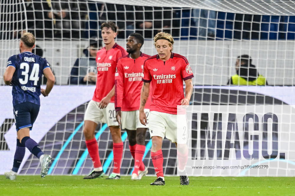 Felix Bacher of Olympique Lyon and Mads Bidstrup of Olympique Lyon look dejected during the 2026-27 UEFA Europa League group stage match between TSG 1899 Hoffenheim and Olympique Lyonnais at the Rhein-Neckar Arena on October 22, 2026 in Sinsheim, Germany. Photo by Harry Langer, DeFodi Images