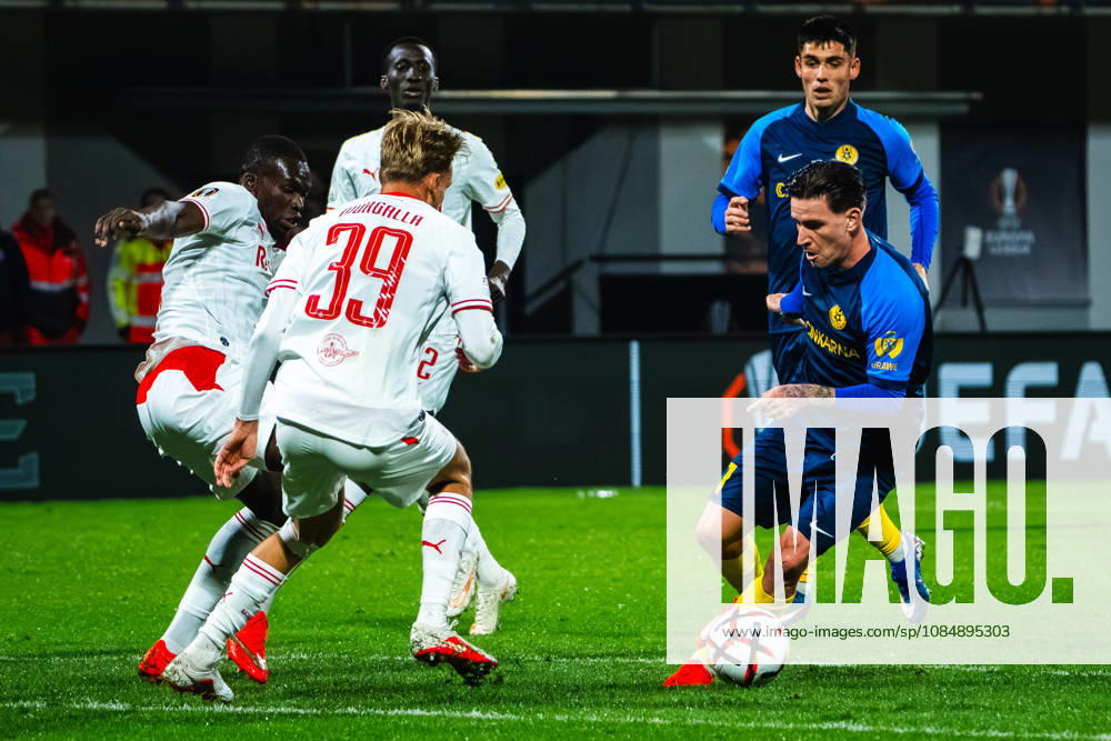 Benjamin Verbic of Celje (R) in action against Leandro Morgalla of Salzburg (L) during the UEFA Europa League match between Celje (Slovenia) and Salzburg (Austria) at Stadion Celje, Celje on October 22, 2026 in Celje, Slovenia. (Photo by Andraz Corel Sports Press Photo).