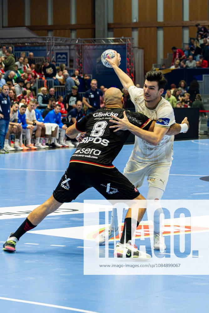 EHF Champions League 2026–2027 Group Stage Group B Match 5 MT Melsungen vs. Orlen Wisla Plock Pictured, from left, in a one-on-one battle: Adrian Sipos (MT) and Gergo Fazekas, Gergo Fazekas, SPR Rothenbach, Halle, Hesse
