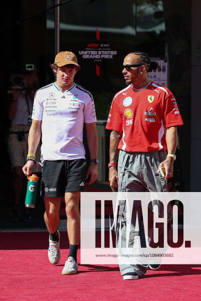 AUSTIN, TX - OCTOBER 22: Andrea Kimi Antonelli (12) of Italy and Mercedes-AMG PETRONAS Formula One Team and Lewis Hamilton (44) of Great Britain and Scuderia Ferrari HP in the paddock on arrival day of the Formula 1 MSC Cruises United States Grand Prix on October 22, 2026, at Circuit of The Americas in Austin, Texas.(Photo by David Buono Icon Sportswire) AUTO: OCT 22 F1 United States Grand Prix Icon2610220231