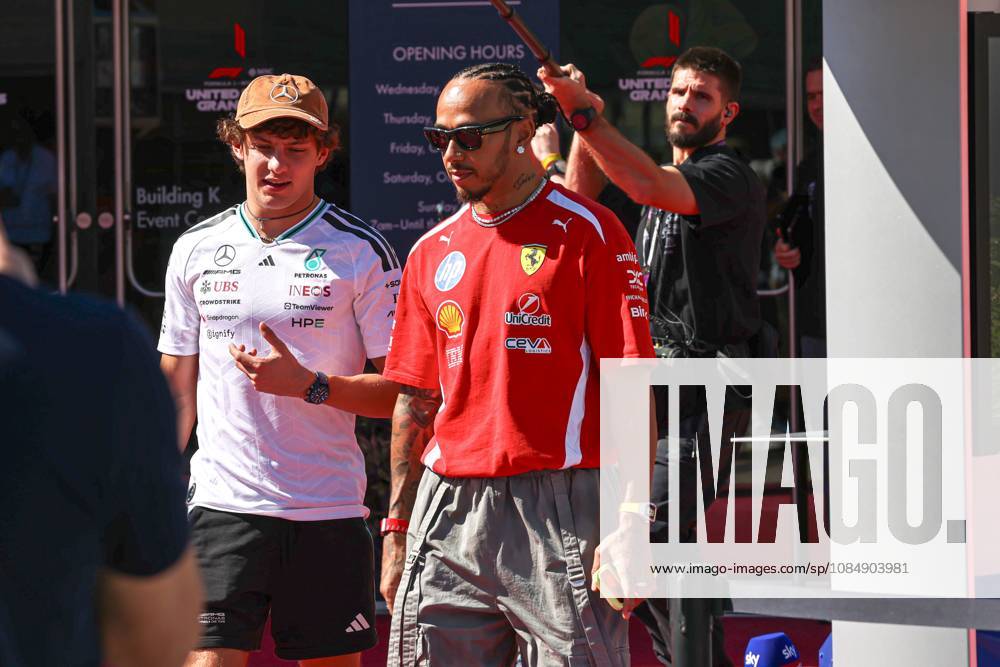 Lewis Hamilton from UK, Andrea Kimi Antonelli from Italy during United States Grand Prix - Austin - Thursday - Media Day at Circuit of the Americas (COTA) in Austin. Italy Sports - October 22, 2026 - ZUMAm313 20261022_zsp_m313_116