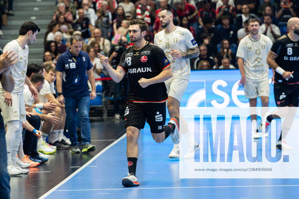 EHF Champions League 2026–2027 Group Stage Group B Match 5: MT Melsungen vs. Orlen Wisla Plock Pictured: Florian Drosten of MT gesturing on the court at Rothenbach Halle in Hesse