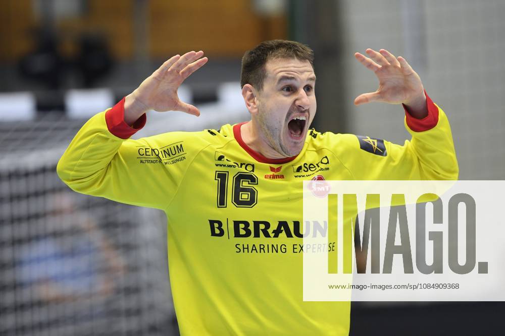 Celebration and joy for Nebojsa Simic, goalkeeper for MT Melsungen 16, GER, MT Melsungen vs. Orlen Wisla Plock, POL, Handball, Men s Champions League, Group Matches, 2026–2027 Season, October 22, 2026, GER, MT Melsungen Orlen Wisla Plock, Men’s Champions League, Group Match, 2026–2027 Season, October 22, 2026, Kassel