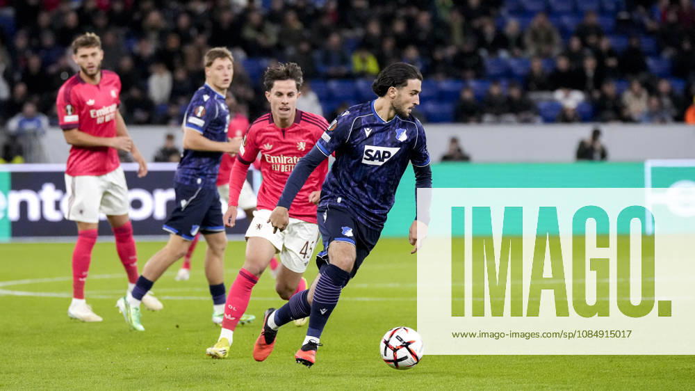 From left: Remi Himbert (OL), 45, Leon Avdullahu (Hoffenheim), 7, tackle, game scene, duel, tackle, tackling, dynamic, action, 10 22 2026, Sinsheim, Germany, soccer, UEFA Europa League, TSG 1899 Hoffenheim vs. Olympique Lyon, DFB and DFL regulations prohibit any use of photographs as image sequences and or quasi-video