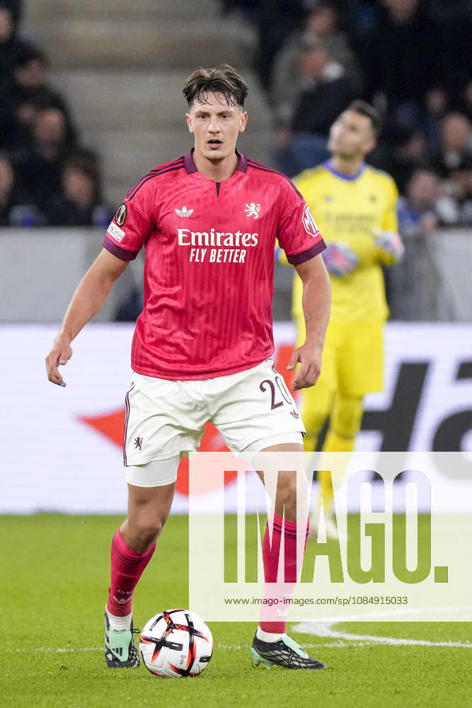 Felix Bacher OL, 20, with the ball, cutout, full-body, single image, single photo, action, 10 22 2026, Sinsheim, Germany, soccer, UEFA Europa League, TSG 1899 Hoffenheim vs. Olympique Lyon, DFB and DFL regulations prohibit any use of photographs as image sequences and or quasi-video