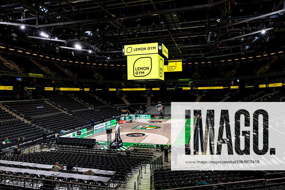 Zalgiris Kaunas vs LDLC ASVEL Villeurbanne - EuroLeague An aerial view of the mostly empty Zalgiris Arena in Kaunas, Lithuania, with the LEMON GYM logo displayed on the arena screen before the EuroLeague basketball match between Zalgiris Kaunas and LDLC ASVEL Villeurbanne on October 23, 2026. Kaunas Kaunas Lithuania
