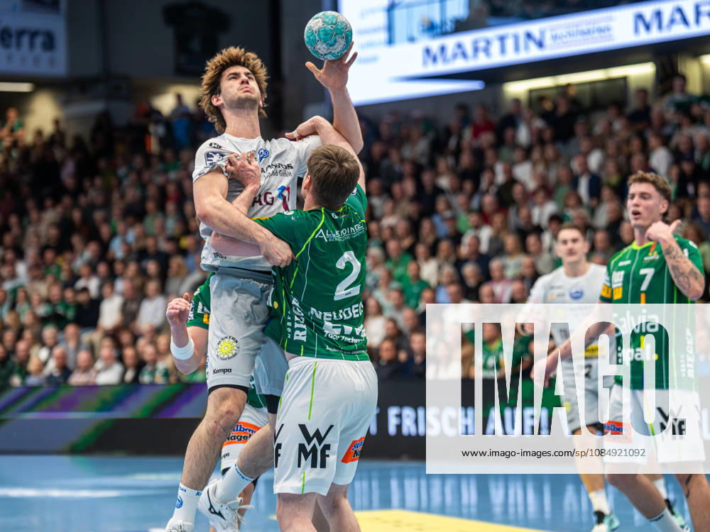 Stephan Seitz (ThSV Eisenach), 44, in a duel with Oskar Neudeck (Frisch Auf Goeppingen), 02, Frisch Auf Goeppingen vs. ThSV Eisenach, Handball, 1st Bundesliga, Men, 2026–2027 Season, October 23, 2026, Frisch Auf Göppingen vs. ThSV Eisenach, Handball, 1st Bundesliga, Men, 2026–2027 season, October 23, 2026, Göppingen